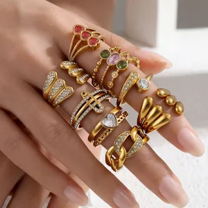 Stainless steel zircon stackable rings for women, minimalist titanium steel gold fashion jewelry.