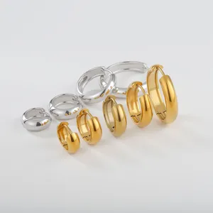 Stainless steel chunky hoop earrings set, C-shaped thick gold and silver smooth hoops.