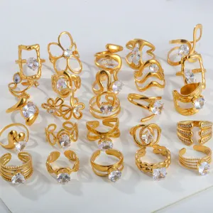 Stainless steel zirconia open ring set, adjustable gold finger rings for women fashion jewelry.