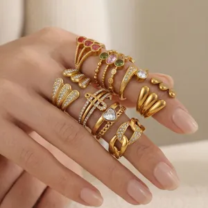 Stainless steel zircon stackable rings for women, minimalist luxury gold plated fashion jewelry.
