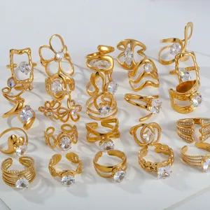 Gold stainless steel cubic zirconia open rings set, stylish geometric fashion jewelry for women.