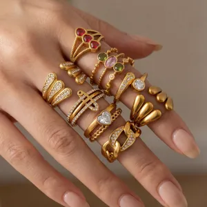 Gold stainless steel stackable rings set with colorful cubic zirconia for women minimalist fashion.