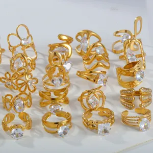 Minimalist Stainless Steel Open Ring For Women Gold Plated Rhinestone Geometric Fashion Jewelry Finger Ring Gift
