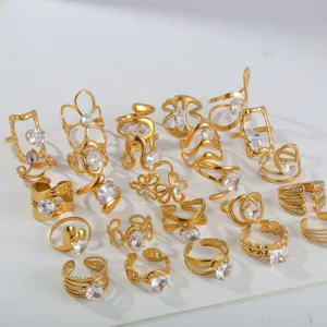 Gold stainless steel open rings set with sparkling cubic zirconia for women fashion jewelry.