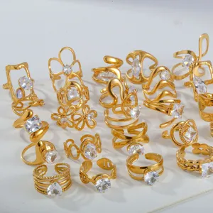 Stainless steel cubic zirconia open rings set, gold fashion women jewelry main view.