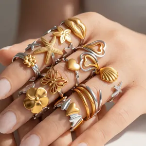 Two Tone Stainless Steel Open Rings Set Fashion Niche Style Adjustable Finger Rings For Women Fashion Jewelry