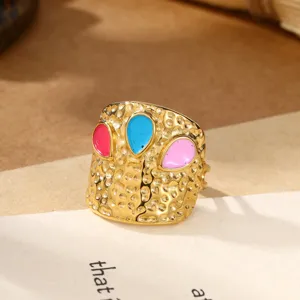 Roestvrijstalen grove open ring met kleurrijke druppel emaille inlay, hiphop statement sieraden.