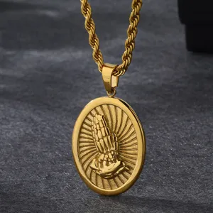 Gold Plated Praying Hands Pendant Necklace for Men Vintage Religious Jewelry Detail View
