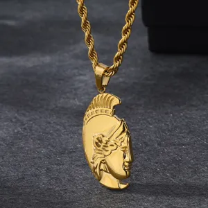 Gold Spartan helmet pendant necklace detail shot, fashion stainless steel men's jewelry