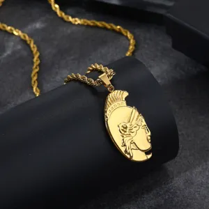 Detailed shot of a men's gold plated ancient Greek warrior helmet pendant necklace on display.