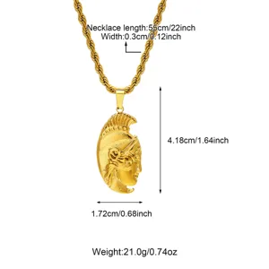 Men's 18K gold plated stainless steel Greek mythology warrior pendant rope necklace.
