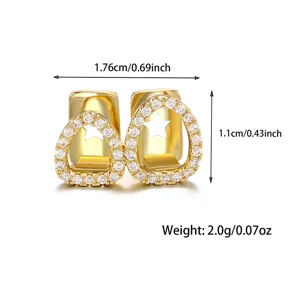 Gold hip hop grillz detail showing dimensions 1.76x1.1cm with iced out zircon star hollow design.