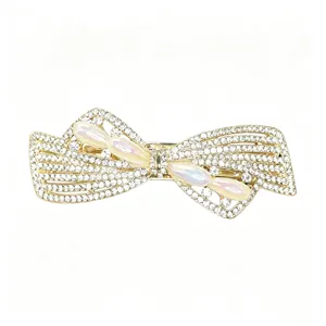Elegant crystal bow hair clip for women, gold tone metal rhinestone spring barrette hair accessory