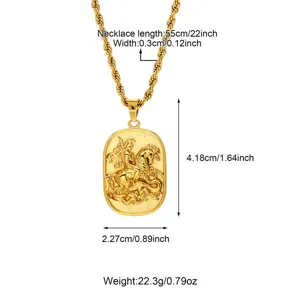 Men stainless steel gold rope chain necklace with knight relief pendant, 55cm length.