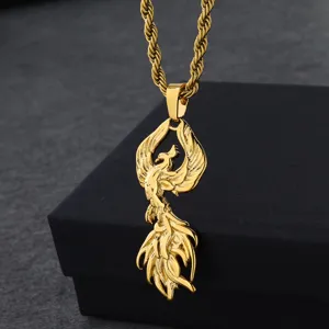Detailed view of 18K gold plated stainless steel phoenix pendant necklace, exquisite craftsmanship.
