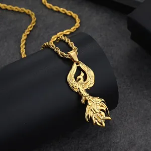 Gold phoenix pendant necklace detail, showing exquisite feather carving and gold finish.