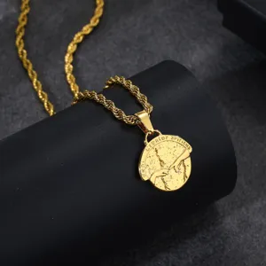 Gold-plated stainless steel rope chain necklace featuring a classic religious art pendant.