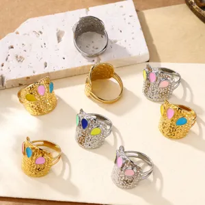 Roestvrij Staal Gehamerd Email Open Ring Voor Dames Heren Hip Hop Stijl Kleurrijke Traanvorm Verstelbare Ring Sieraden