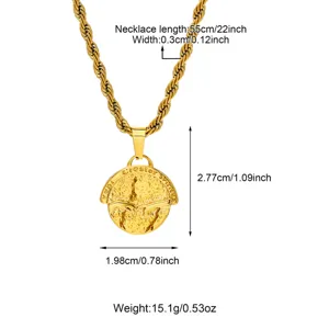 Men stainless steel 18k gold plated rope chain necklace with religious creation art pendant.