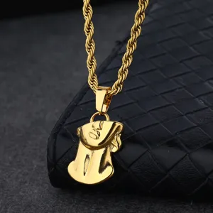 Men's stainless steel gold plated abstract human figure pendant rope chain necklace.