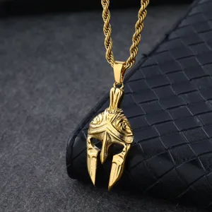 Men's 18k gold plated stainless steel Spartan warrior helmet pendant necklace detail shot.
