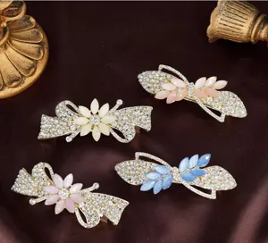 Rhinestone hair clips for women, elegant alloy spring barrettes with floral and leaf designs