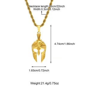 Detailed view of the gold-plated Spartan helmet pendant necklace with precise dimensions.