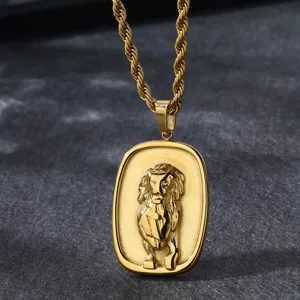 Close-up detail of a gold plated stainless steel lion relief pendant necklace with rope chain