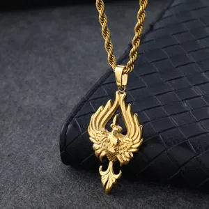 Close-up gold phoenix pendant necklace detail, featuring fine metal carving on black leather.