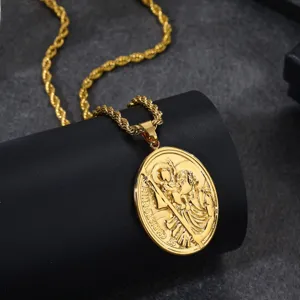 Detailed close-up of gold religious pendant necklace featuring St. Christopher relief and chain.