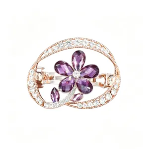 Elegante fermaglio per capelli in strass oro rosa con fiore di cristallo viola, ideale per donne.