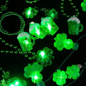 St. Patrick's Day green glowing clover LED bead necklace beer mug party lights detail