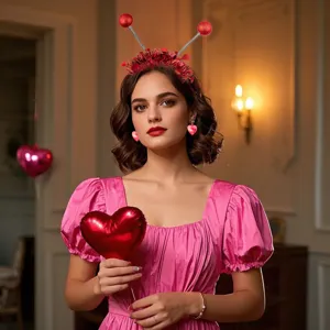 Valentine's day heart earrings and headband set detail shot, romantic style accessory.