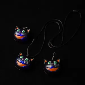 Halloween black cat pendant necklace and earrings set charming festive jewelry accessory
