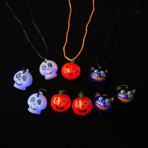 LED Glowing Halloween Pumpkin Skull Cat Pendant Necklace Earrings Set Plastic Alloy Light Up Party Jewelry For Kids Festival