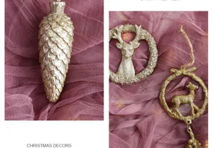 Détail des décorations de Noël dorées et pailletées en forme de pomme de pin et cerf.