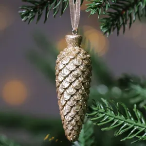 Ornement suspendu de sapin de Noel en pomme de pin pailletee doree fete de vacances