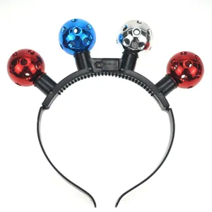 Close-up detail of LED glowing headband with colorful disco balls for holiday party styling.