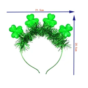 Festive St. Patrick's Day clover LED headband with shiny tinsel, perfect for holiday party dress up.