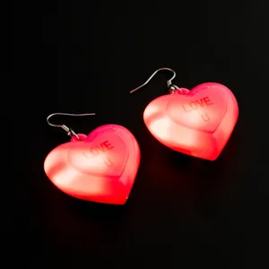 Primo piano dettagliato di orecchini a cuore rosa luminoso con LED e ganci in metallo.
