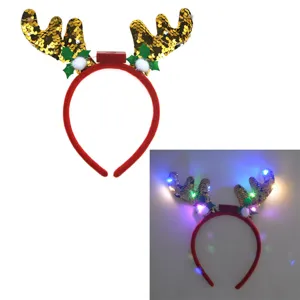 Serre-tete de renne a paillettes avec LED de Noel lumineux pour fete et deguisement.