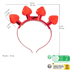 Détail du serre-tête clignotant LED cœur rouge avec dimensions et poids de 44.6g spécifiés.