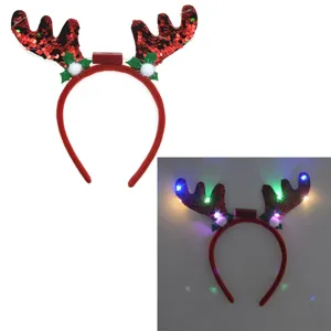 Serre-tête renne de Noël pailleté avec lumières LED clignotantes pour fête festive.