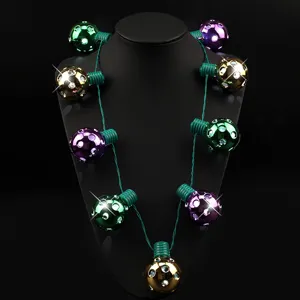 Mardi Gras LED Light Up Disco Ball Necklace With Bell Multiple Flash Modes Multicolor Glowing Beads Necklace For Carnival Party Music Festival