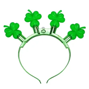 St Patricks Day LED Glowing Shamrock Headband Green Light Up Clover Hair Band Festival Party Decoration Headwear Unisex