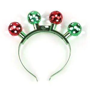Christmas LED light-up headband with colorful disco balls, festive party hair hoop glowing accessory.