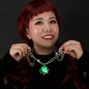 St. Patrick's Day light-up clover necklace, LED flashing green bead necklace for party