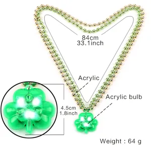 St. Patrick's Day green bead necklace with LED light clover pendant, 84cm length, acrylic.