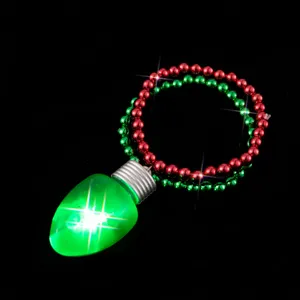 LED Christmas light bracelet with green bulb pendant and red green beads for holiday party decor.