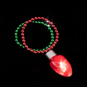Christmas glowing red light bulb pendant necklace with colorful beads for holiday party wear.
